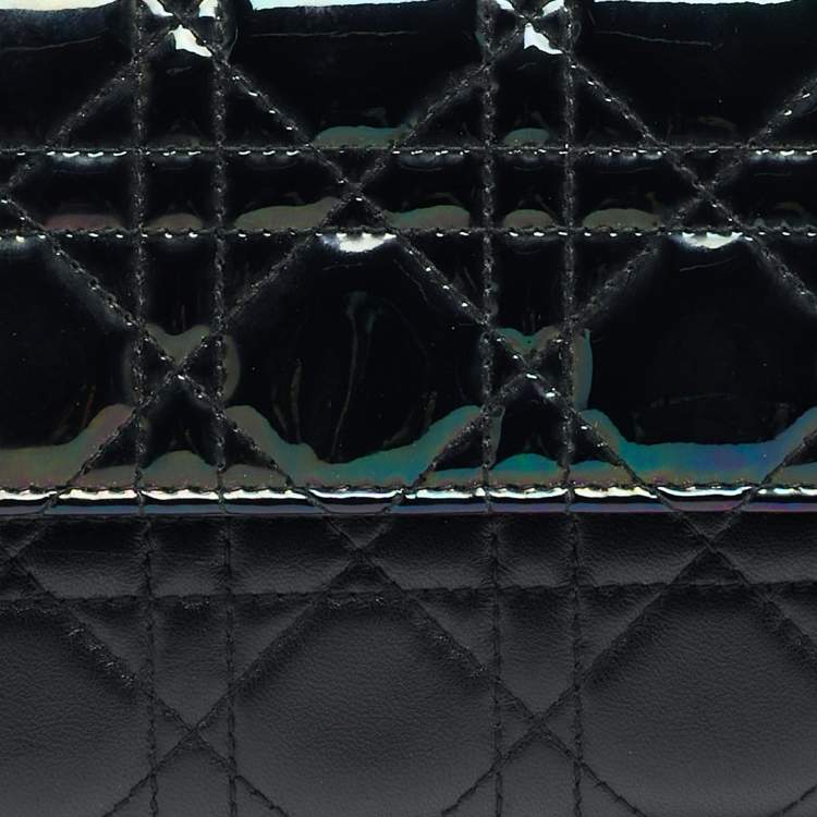 Pre Owned Dior Black Iridescent Cannage Patent and Leather Lady Dior Flap Wallet