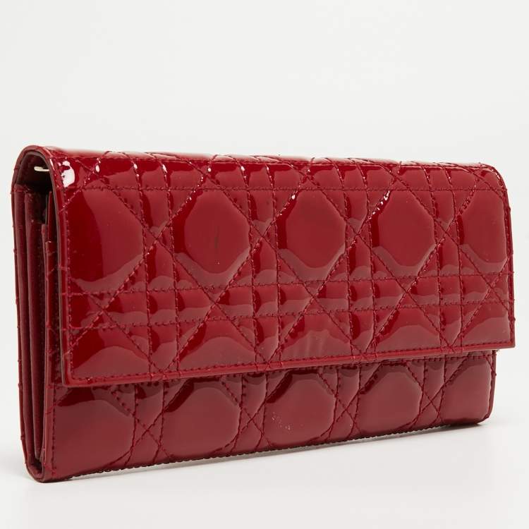 Pre Owned Dior Red Cannage Patent Leather Lady Dior Flap Wallet 