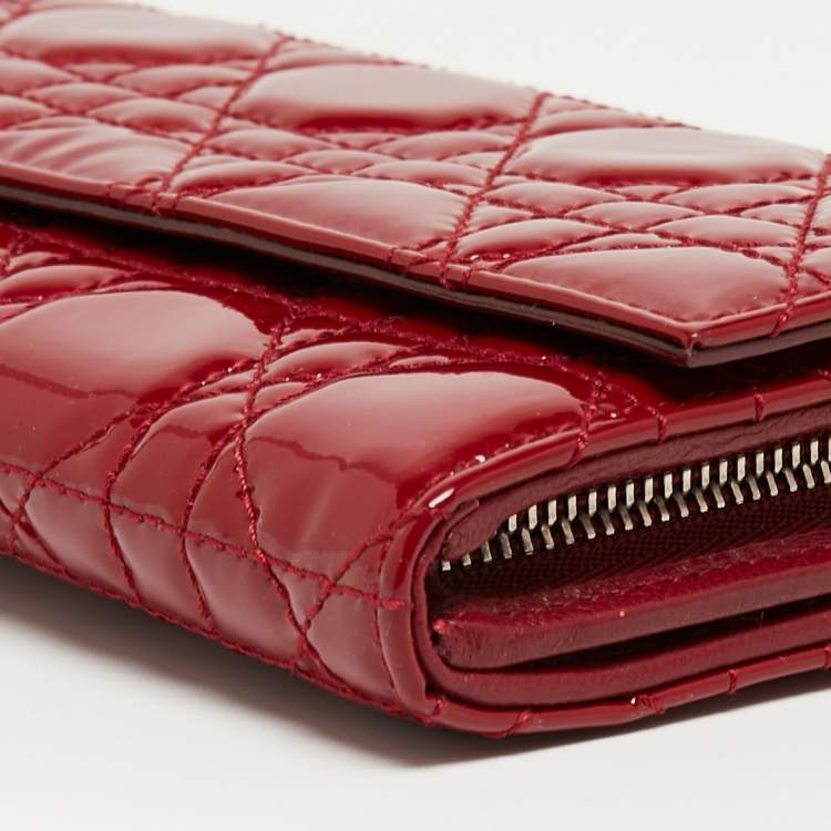 Pre Owned Dior Red Cannage Patent Leather Lady Dior Flap Wallet 