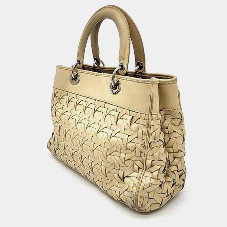 Pre Owned Christian Dior Beige Woven Leather Cannage Tote Bag