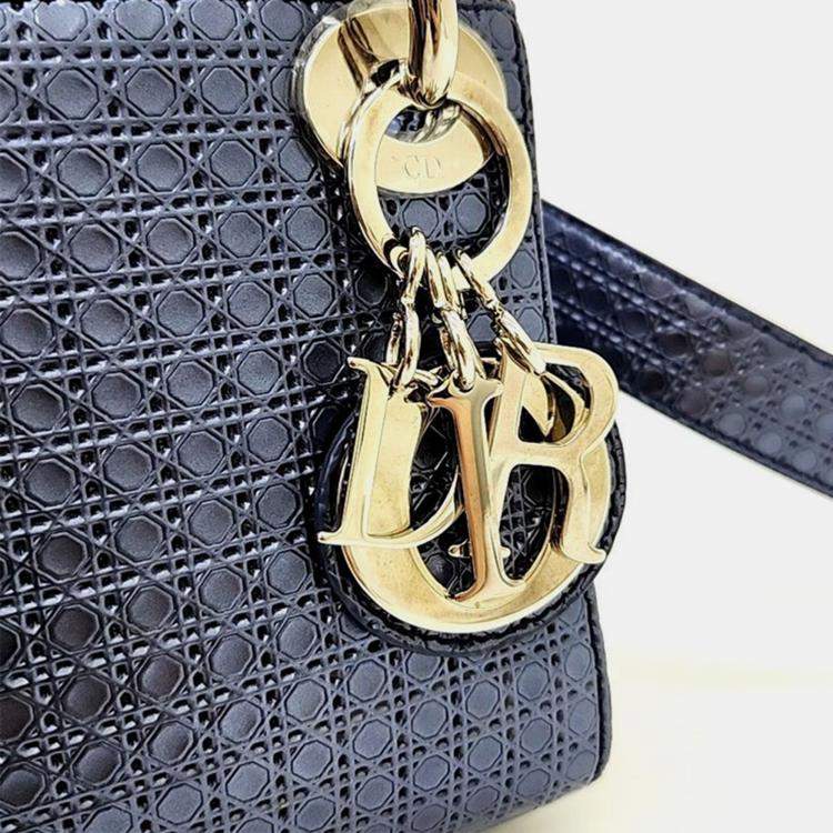 Pre Owned Christian Dior Blue Metallic Leather Micro Cannage Mini Lady Dior Bag