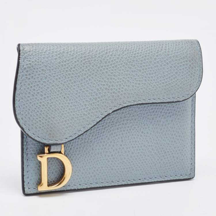 Pre Owned Dior Light Blue Leather Saddle Flap Card Case