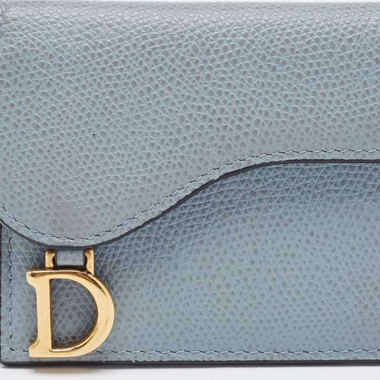 Pre Owned Dior Light Blue Leather Saddle Flap Card Case