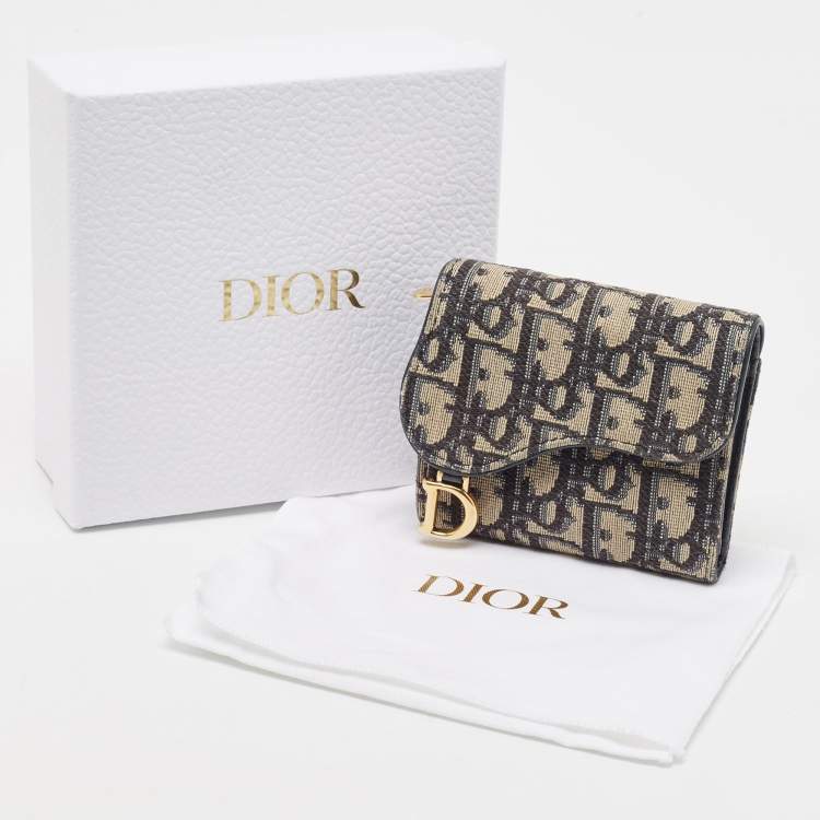 Pre Owned Dior Blue/Beige Oblique Jacquard Saddle Lotus Wallet