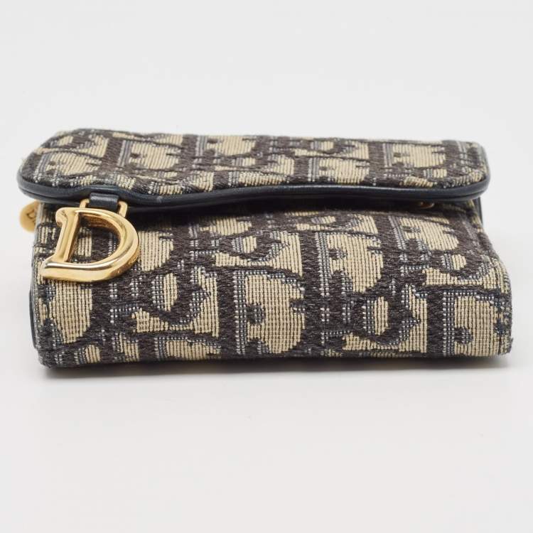 Pre Owned Dior Blue/Beige Oblique Jacquard Saddle Lotus Wallet