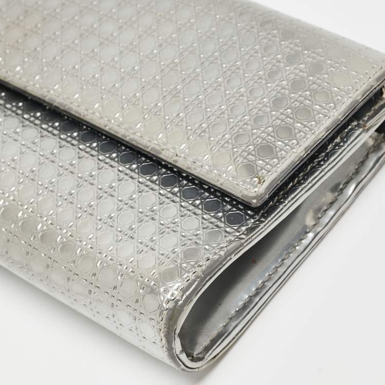 Pre Owned Dior Silver Microcannage Patent Leather Croisiere Wallet on Chain