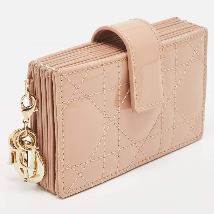 Pre Owned Dior Beige Cannage Patent Leather Lady Dior 5 Gusset Card Holder