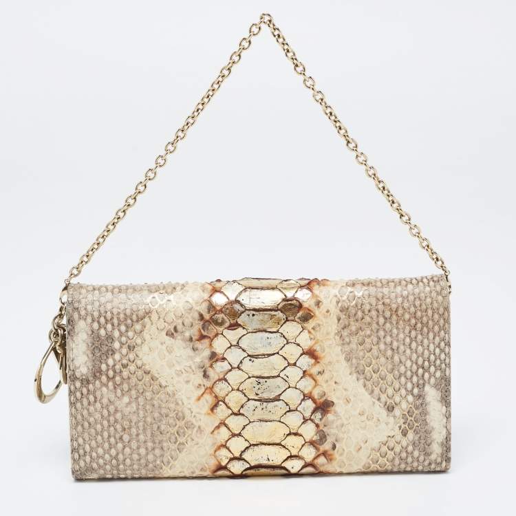 Pre Owned Dior Beige/Brown Python and Leather Lady Dior Wallet On Chain