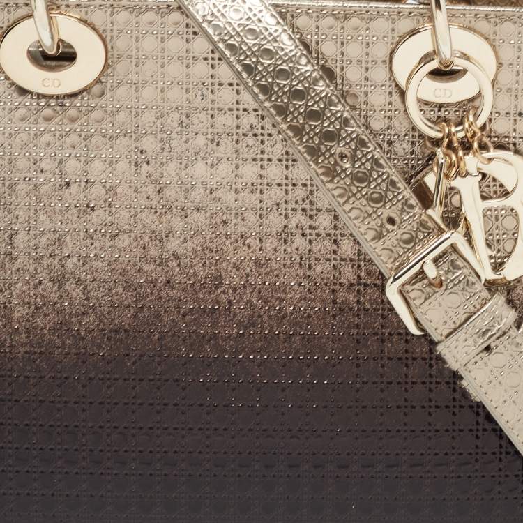 Pre Owned Dior Gold/Dark Brown Microcannage Patent Leather Medium Lady Dior Tote