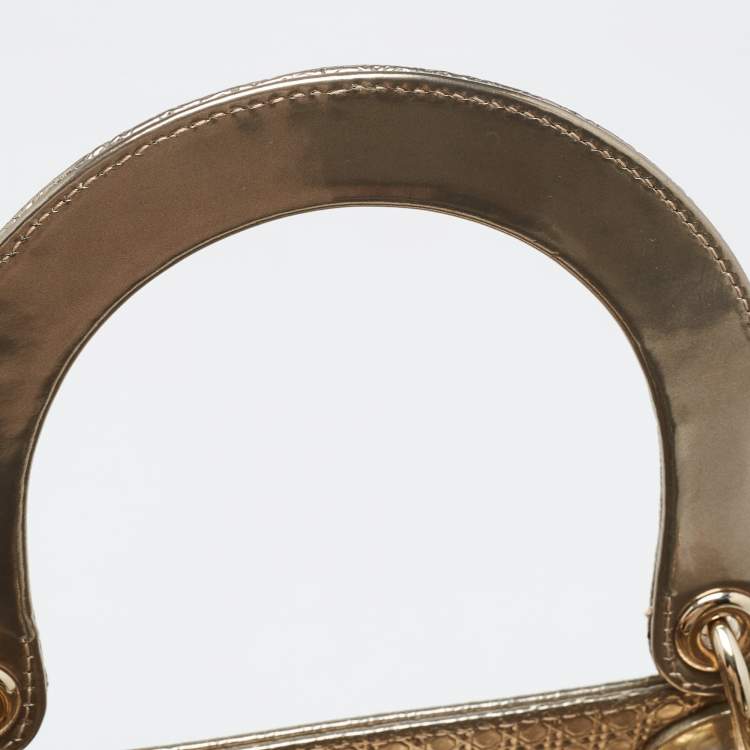 Pre Owned Dior Gold/Dark Brown Microcannage Patent Leather Medium Lady Dior Tote