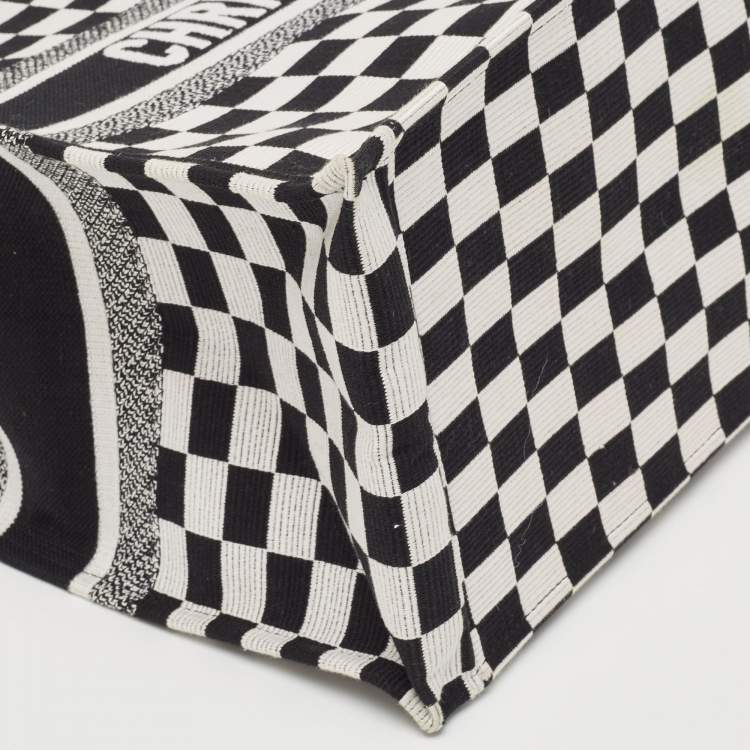 Pre Owned Dior Black/White Checkered Embroidered Canvas Large Book Tote