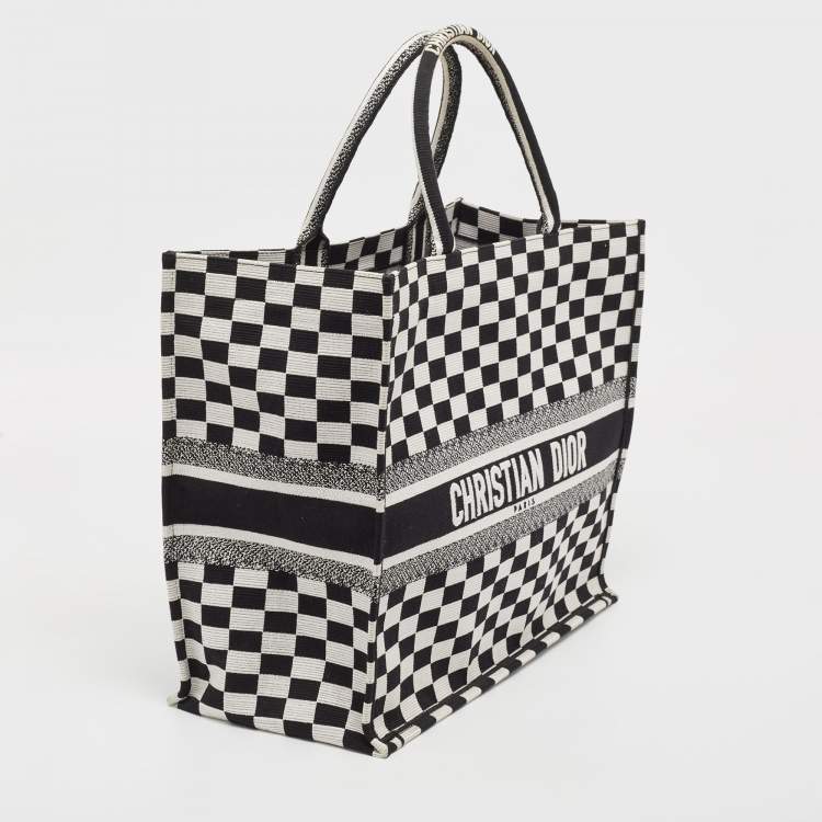 Pre Owned Dior Black/White Checkered Embroidered Canvas Large Book Tote