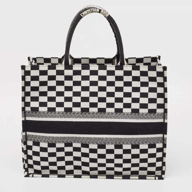Pre Owned Dior Black/White Checkered Embroidered Canvas Large Book Tote