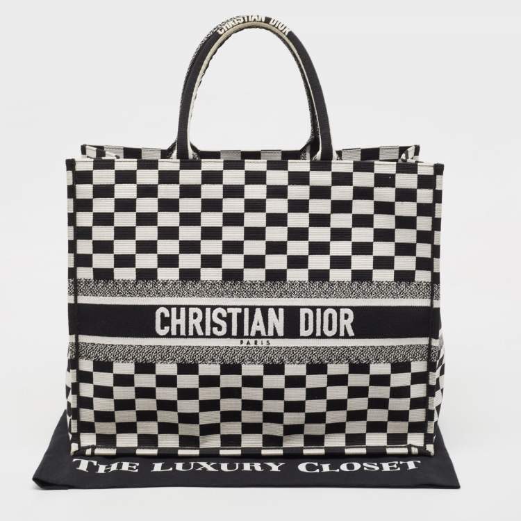 Pre Owned Dior Black/White Checkered Embroidered Canvas Large Book Tote
