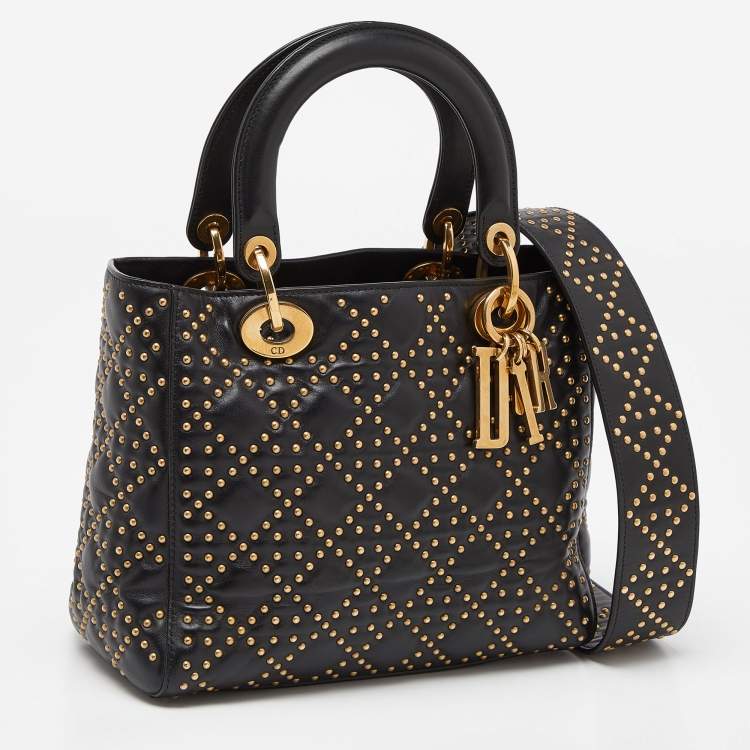 Pre Owned Dior Black Leather Medium Studded Supple Lady Dior Tote
