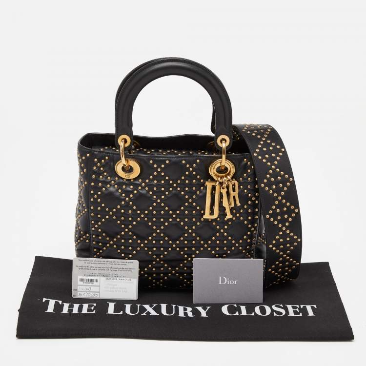 Pre Owned Dior Black Leather Medium Studded Supple Lady Dior Tote