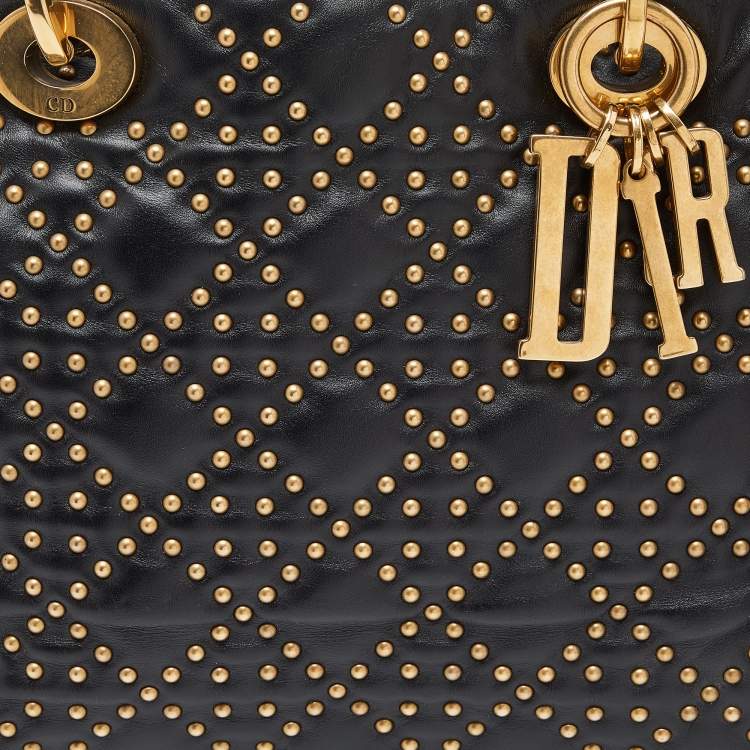 Pre Owned Dior Black Leather Medium Studded Supple Lady Dior Tote