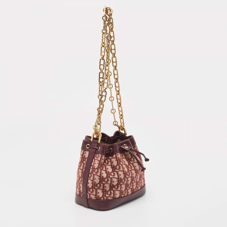 Pre Owned Dior Burgundy Oblique Canvas and Leather Drawstring Chain Bucket Bag