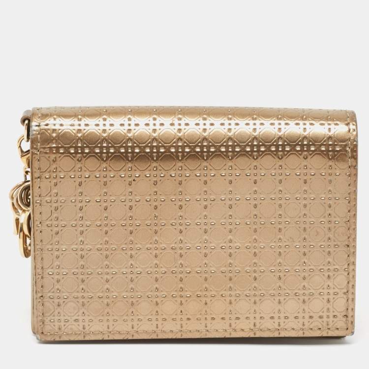 Pre Owned Dior Gold Micro Cannage Patent Leather Mini Lady Dior Card Case