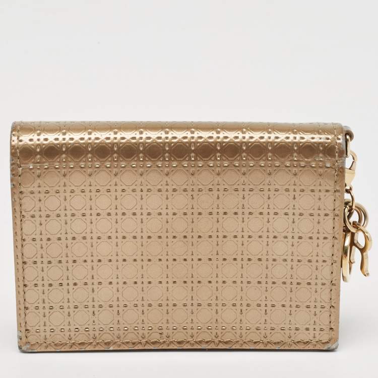 Pre Owned Dior Gold Micro Cannage Patent Leather Mini Lady Dior Card Case