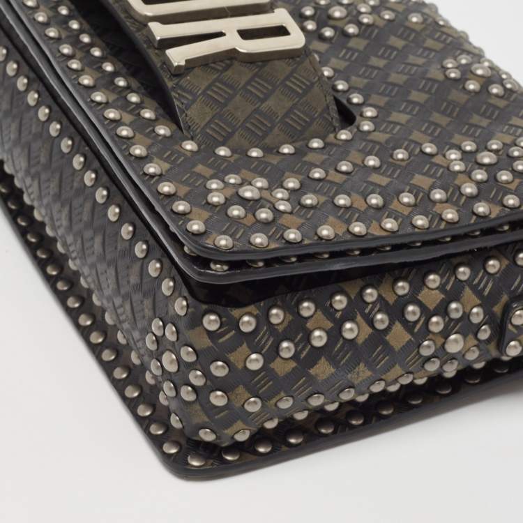 Pre Owned Dior Green/Black Studded Leather Medium Dio(r)evolution J'Adior Chain Bag