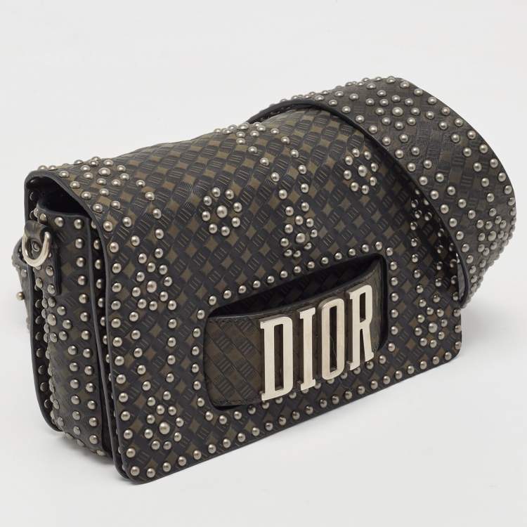 Pre Owned Dior Green/Black Studded Leather Medium Dio(r)evolution J'Adior Chain Bag