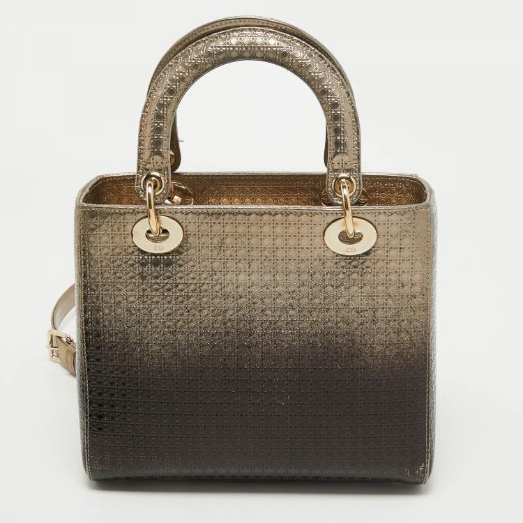 Pre Owned Dior Ombre Gold Micro Cannage Patent Leather Medium Lady Dior Tote