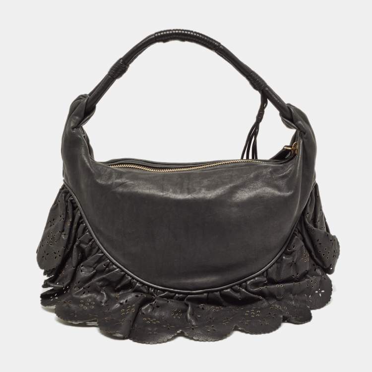 Pre Owned Dior Dark Grey Leather Small Gypsy Ruffle Hobo