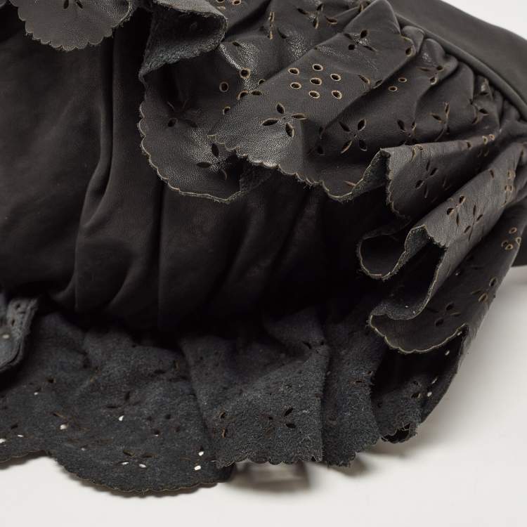 Pre Owned Dior Dark Grey Leather Small Gypsy Ruffle Hobo