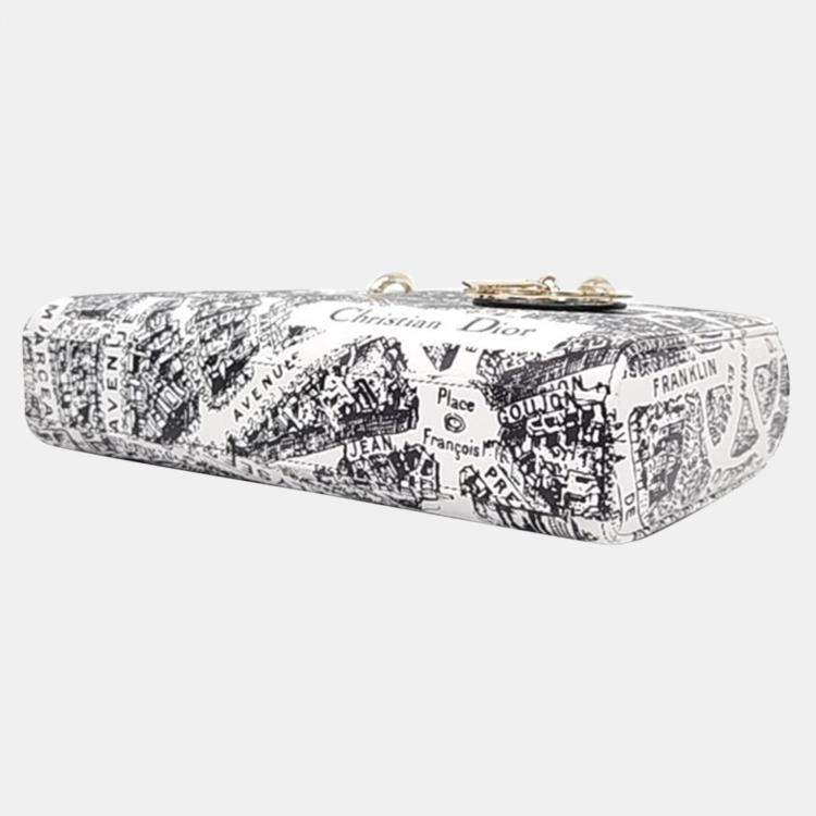 Pre Owned Christian Dior White/Black Plan de Paris Printed Calfskin Medium Lady D-Joy Bag
