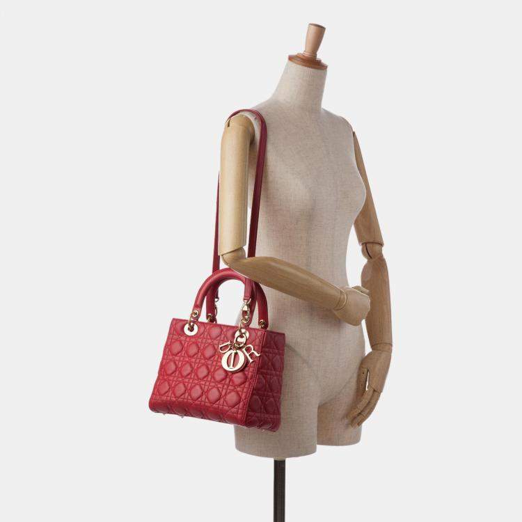 Pre Owned Dior Red Medium Lambskin Cannage Lady Dior