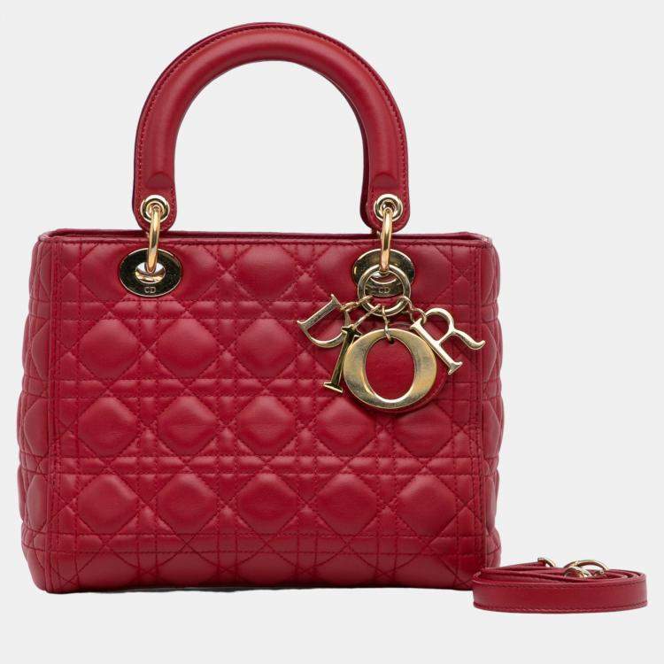 Pre Owned Dior Red Medium Lambskin Cannage Lady Dior