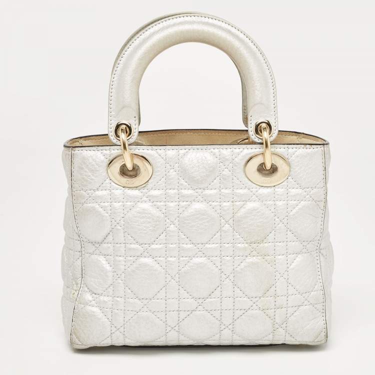 Pre Owned Dior Silver Cannage Leather Small Supple Lady Dior Tote
