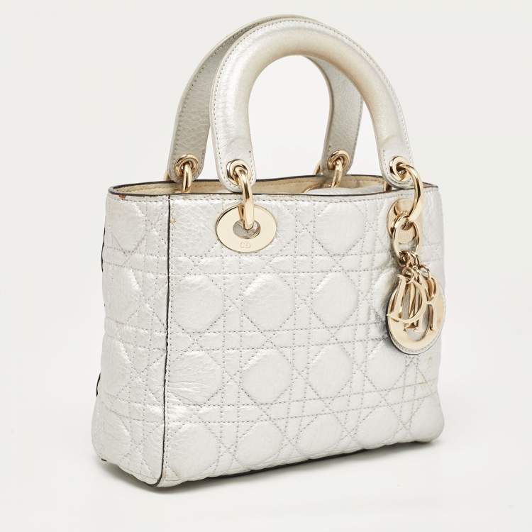 Pre Owned Dior Silver Cannage Leather Small Supple Lady Dior Tote