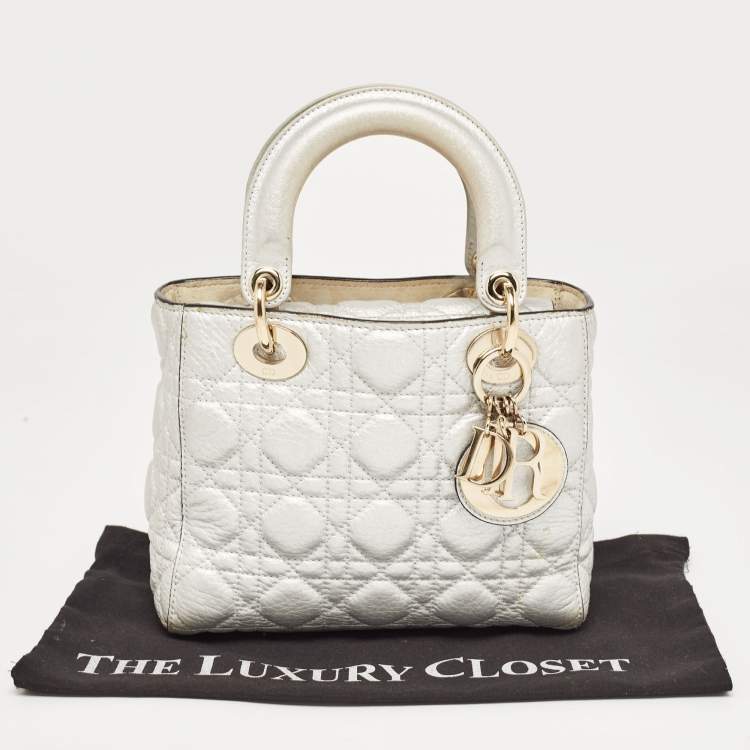 Pre Owned Dior Silver Cannage Leather Small Supple Lady Dior Tote