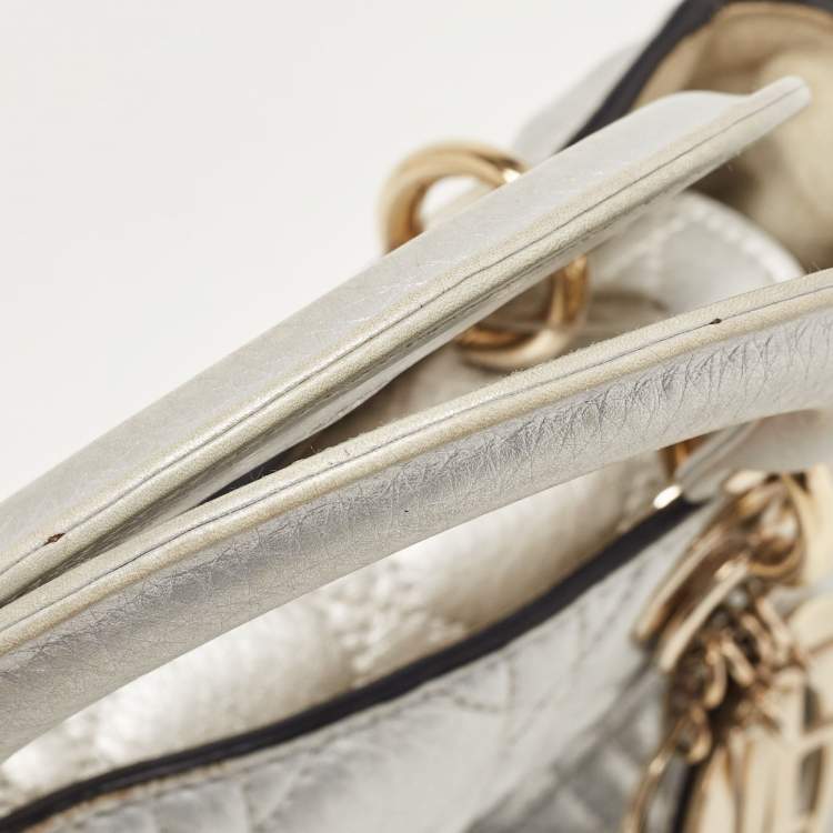 Pre Owned Dior Silver Cannage Leather Small Supple Lady Dior Tote