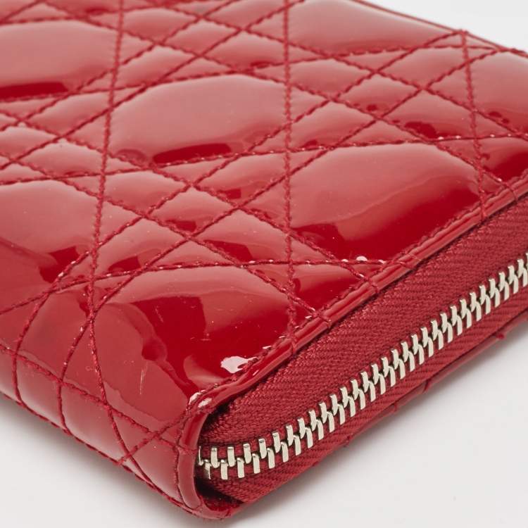 Pre Owned Dior Red Cannage Patent Leather Lady Dior Zip Around Wallet