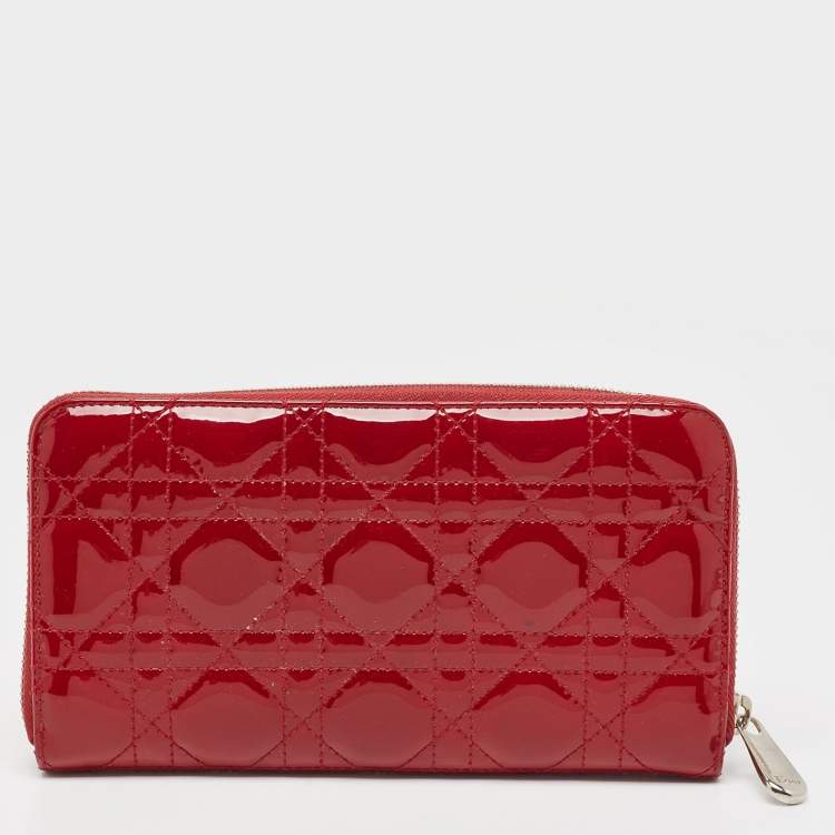 Pre Owned Dior Red Cannage Patent Leather Lady Dior Zip Around Wallet