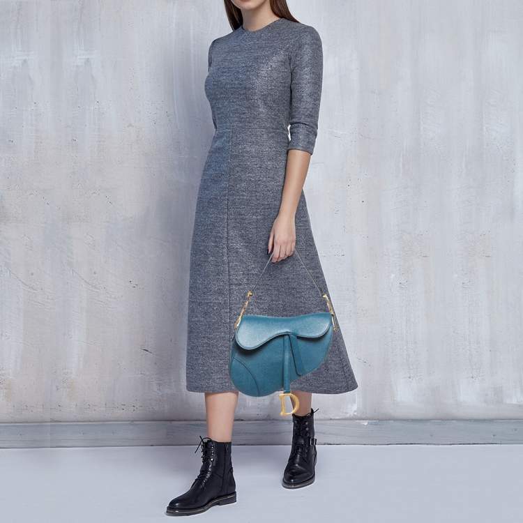 Pre Owned Dior Teal Blue Leather Saddle Shoulder Bag