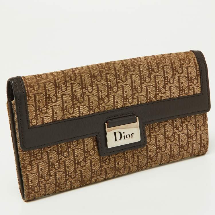 Pre Owned Dior Beige/Brown Oblique Canvas and Leather Flap Continental Wallet