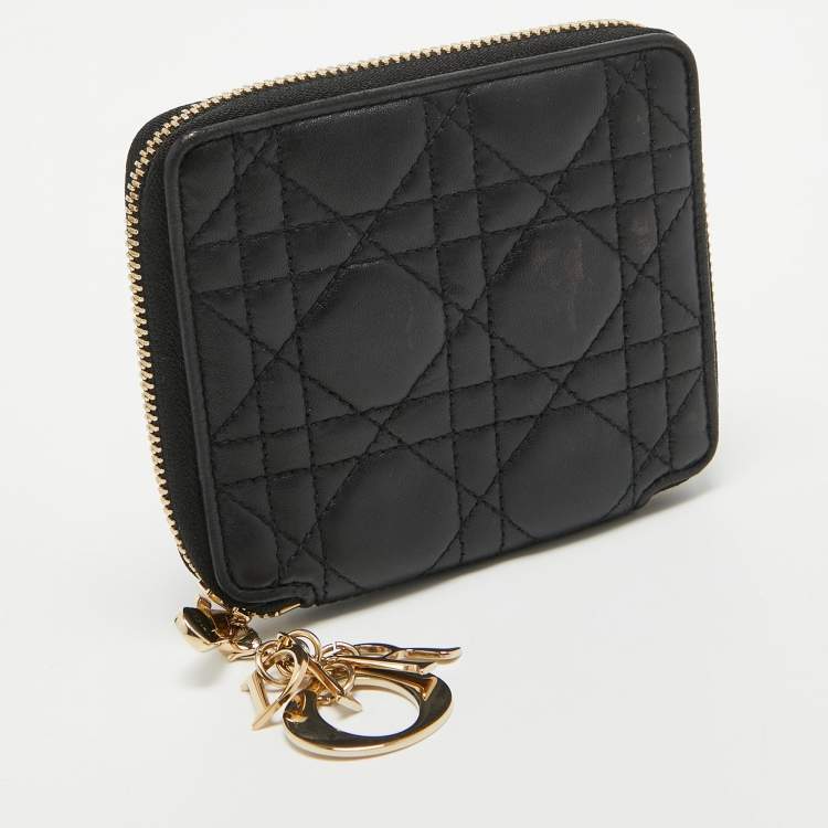 Pre Owned Dior Black Cannage Leather Lady Dior Voyageur Compact Wallet