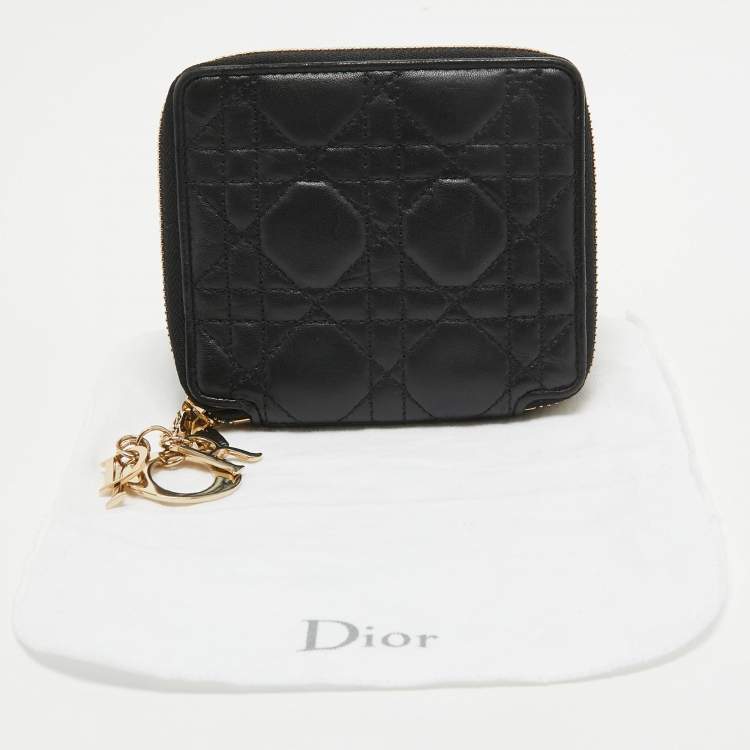 Pre Owned Dior Black Cannage Leather Lady Dior Voyageur Compact Wallet
