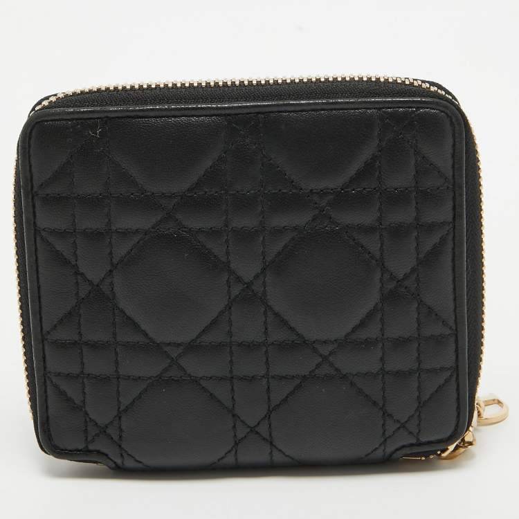 Pre Owned Dior Black Cannage Leather Lady Dior Voyageur Compact Wallet