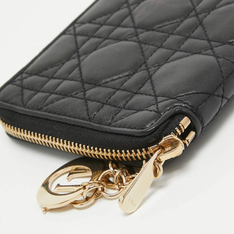 Pre Owned Dior Black Cannage Leather Lady Dior Voyageur Compact Wallet