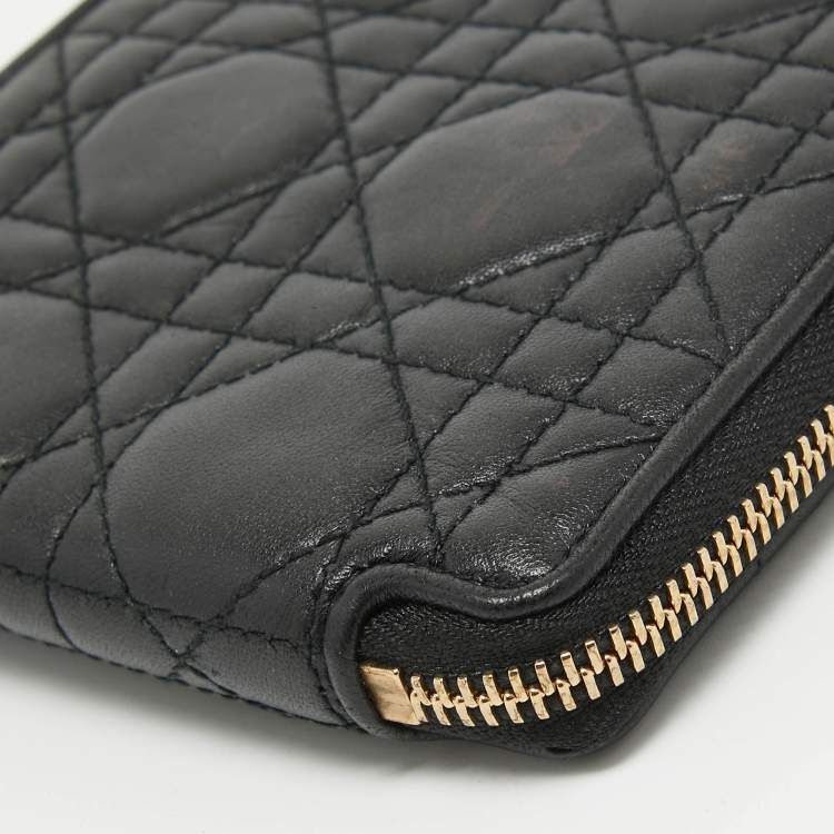 Pre Owned Dior Black Cannage Leather Lady Dior Voyageur Compact Wallet