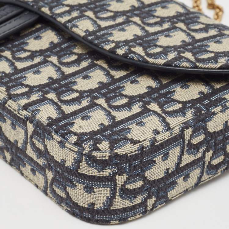 Pre Owned Dior Navy Blue/Beige Oblique Canvas Saddle Chain Pouch