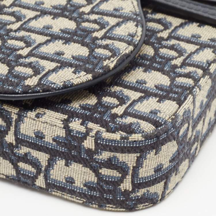 Pre Owned Dior Navy Blue/Beige Oblique Canvas Saddle Chain Pouch