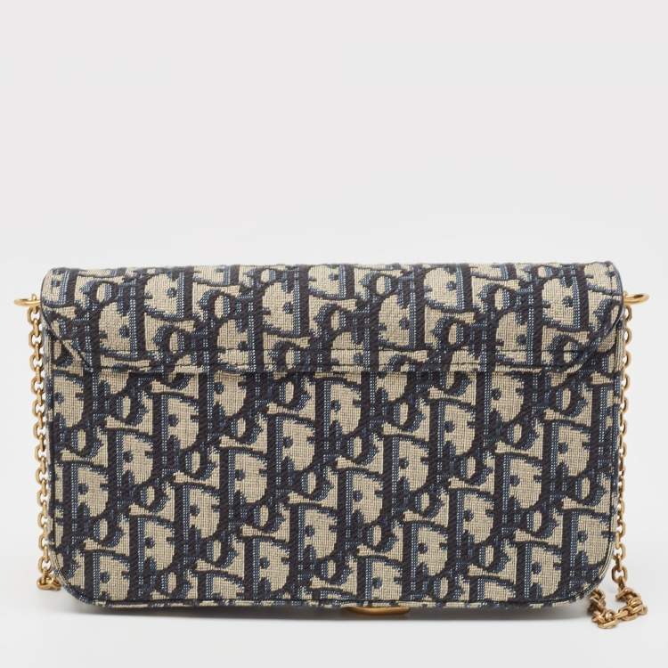 Pre Owned Dior Navy Blue/Beige Oblique Canvas Saddle Chain Pouch