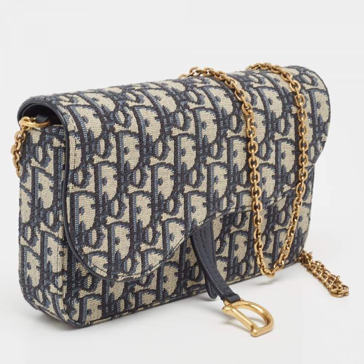 Pre Owned Dior Navy Blue/Beige Oblique Canvas Saddle Chain Pouch