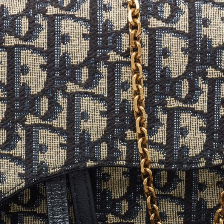 Pre Owned Dior Navy Blue/Beige Oblique Canvas Saddle Chain Pouch